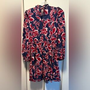 Eliza J Floral Smock Bodice Long Sleeve Dress. (Navy & Burgundy)